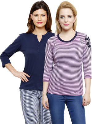 

LimeBerry Striped, Solid Women's Round Neck Pink, Dark Blue T-Shirt(Pack of 2), Dark blue;pink
