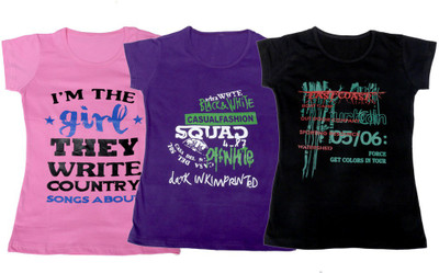 

IndiWeaves Girls Printed, Solid T Shirt(Multicolor, Pink & purple & black