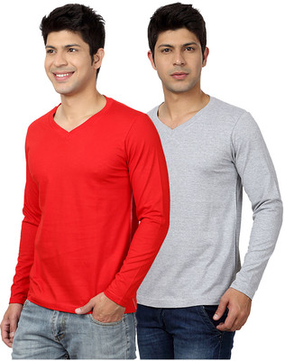 

Top Notch Solid Men's V-neck Red, Grey T-Shirt(Pack of 2), Red;grey melange
