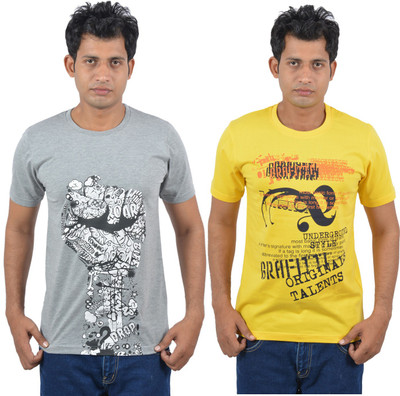 Josh Button Solid Men' Round Neck Grey T-Shirt(Pack of 2, Grey;yellow