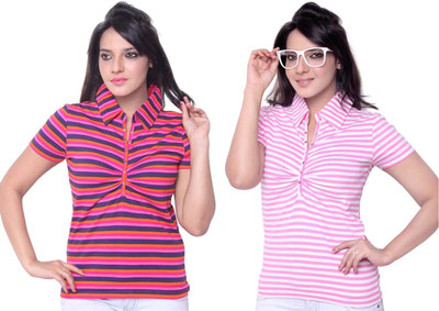 

Sini Mini Striped Women's Polo Neck Orange, Pink T-Shirt(Pack of 2