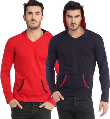 

Leana Solid Men' Hooded Multicolor T-Shirt(Pack of 2