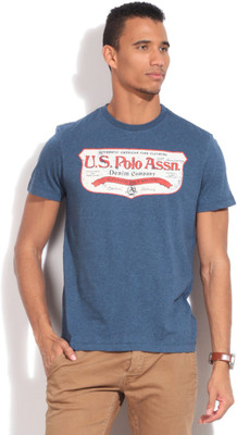 

U.. Polo Assn. Printed Men' Round Neck Blue T-Shirt, Mid ble mel.