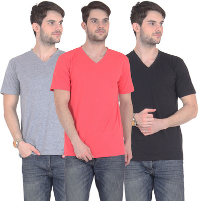 

E'Hiose Solid Men's V-neck Multicolor T-Shirt(Pack of 3, Black;carrot;grey