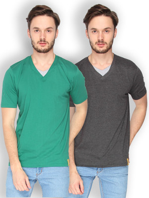 

Campus Sutra Solid Men V-neck Green, Grey T-Shirt(Pack of 2