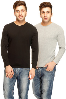 

Gritstones Solid Men' V-neck Blue, Grey T-Shirt(Pack of 2, Black/grey melange