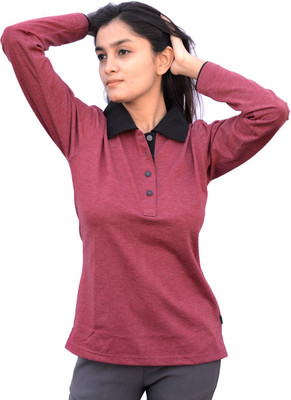 

Komnil Solid Women's Polo Neck Red T-Shirt, Red wine melange