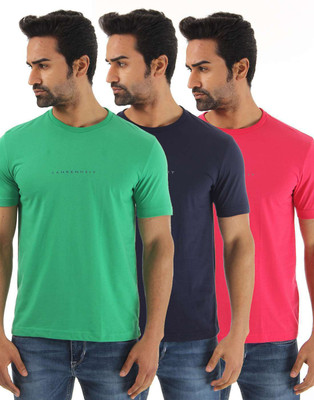 

Fahrenheit Solid Men's Round Neck Green, Blue, Pink T-Shirt(Pack of 3, Raspberry/peacock green/crown blue