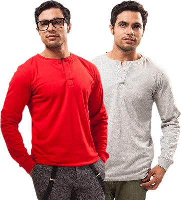 

Unisopent Designs Solid Men' Henley Red, Grey T-Shirt(Pack of 2