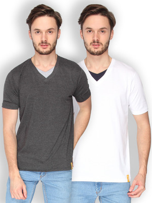

Campus Sutra Solid Men V-neck Grey, White T-Shirt(Pack of 2