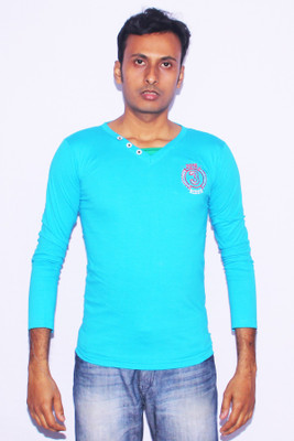 

Fashion Hunk Printed Men's V-neck Blue T-Shirt