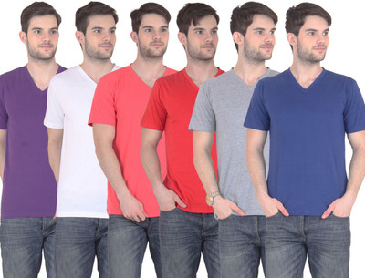

E'Hiose Solid Men' V-neck Multicolor T-Shirt(Pack of 6, Blue;carrot;grey;purple;red;white