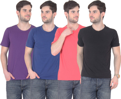 

E'Hiose Solid Men's Round Neck Multicolor T-Shirt(Pack of 4, Black;blue;gajri;purple