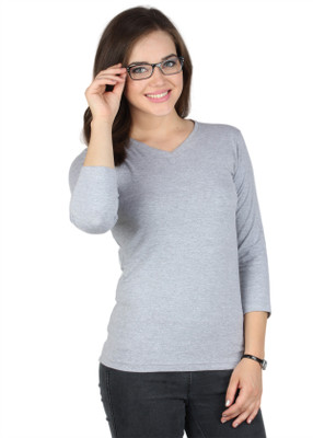 

SayItLoud Solid Women's V-neck Grey T-Shirt