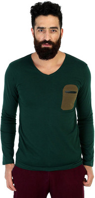 

Mr Button Solid Men' V-neck Dark Green T-Shirt