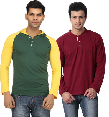 

Leana Solid Men's Hooded Green, Red T-Shirt(Pack of 2