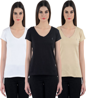 

Ultra Fit Solid Women's V-neck Multicolor T-Shirt(Pack of 3), Beige;black;owhite