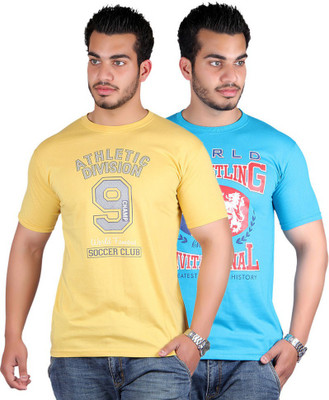 

Shineway Graphic Print Men's Round Neck Multicolor T-Shirt(Pack of 2, Gold;turquoise