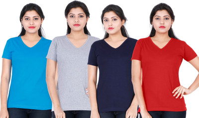 Fleximaa Solid Women V Neck Multicolor T-Shirt