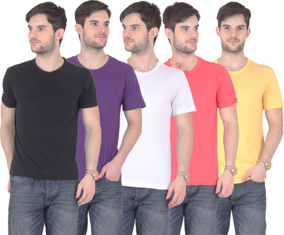 

FnMe Solid Men's Round Neck Multicolor T-Shirt(Pack of 5, Black;gajri;purple;white;yellow