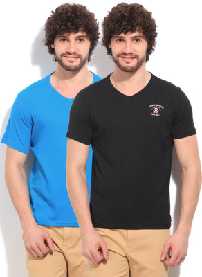 

Fort Collins Solid Men's V-neck Black, Blue T-Shirt(Pack of 2, Firozi/black