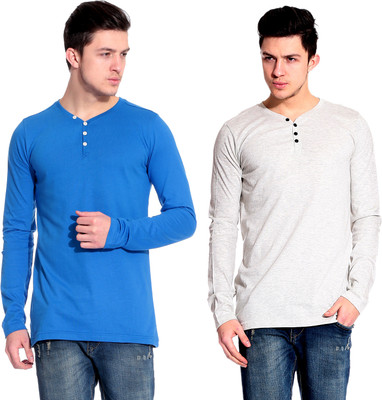 

Lemon & Vodka Solid Men's Henley Blue, White T-Shirt(Pack of 2