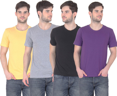 

E'Hiose Solid Men's Round Neck Multicolor T-Shirt(Pack of 4, Black;grey;purple;yellow