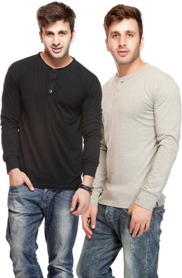 

Gritstones Solid Men's Henley Grey, Black T-Shirt(Pack of 2, Black/grey melange