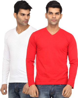 

Leana Solid Men' V-neck Red, White T-Shirt(Pack of 2