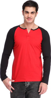Leana Solid Men' Henley Red, Black T-Shirt, Black-red 3