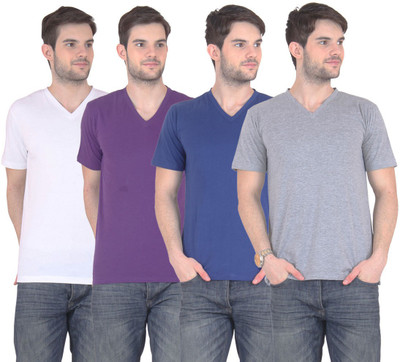 

FnMe Solid Men' V-neck Multicolor T-Shirt(Pack of 4, Blue;grey;purple;white