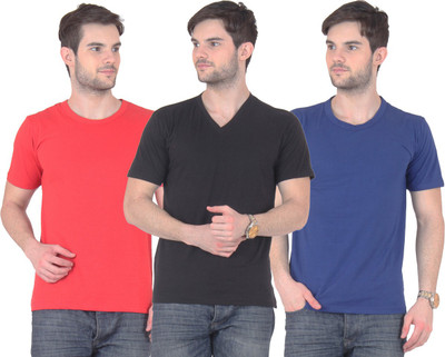 

E'Hiose Solid Men' V-neck Multicolor T-Shirt(Pack of 3, Black_v;blue_r;red_r