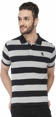 The Cotton Company Striped Men' Polo Neck Black, Grey T-Shirt