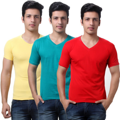 

TeeMoods Solid Men's V-neck Red, Yellow, Green T-Shirt(Pack of 3), Red;sea green;yellow
