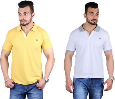 

Shineway Solid Men's Polo Neck Gold, White T-Shirt(Pack of 2