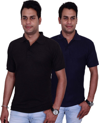 Blaze Solid Men's Polo Neck Black, Blue T-Shirt(Pack of 2