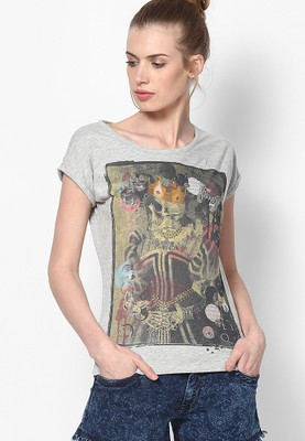 

SF Jeans by Pantaloons Printed Women's Round Neck Grey T-Shirt, Grey melange