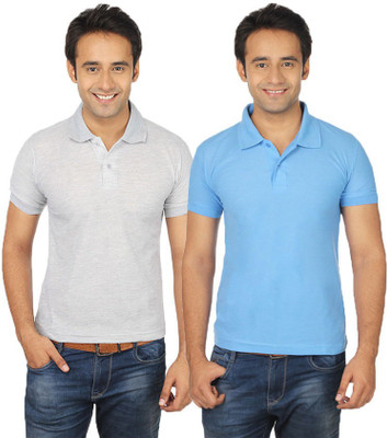 

Quetzal Solid Men's Polo Neck Grey, Blue T-Shirt(Pack of 2, Grey;sky blue