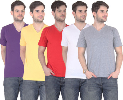 

E'Hiose Solid Men's V-neck Multicolor T-Shirt(Pack of 5, Grey;purple;red;white;yellow