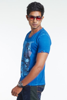 Masculino Latino Printed Men' V-neck Dark Blue T-Shirt, Navy