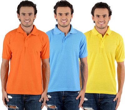 Blaze Solid Men's Polo Neck Multicolor T-Shirt(Pack of 3, Orange;sky blue;yellow