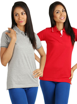

Campus Sutra Solid Women's Polo Neck Grey, Red T-Shirt(Pack of 2