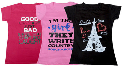 

IndiWeaves Girls Printed, Solid T Shirt(Multicolor, Pink & pink & black