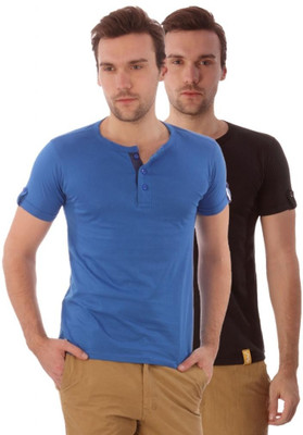 

Campus Sutra Solid Men Henley Black, Blue T-Shirt(Pack of 2)