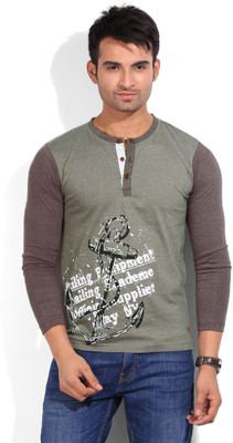 

Street Fuel Printed Men's Henley Green T-Shirt, Olive