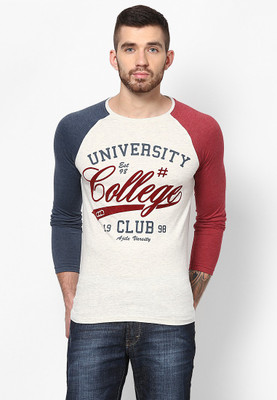 Ajile by Pantaloons Printed Men's Round Neck Beige T-Shirt, Oat melange