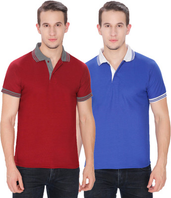 Baremoda Solid Men Polo Neck Maroon, Blue T-Shirt(Pack of 2)