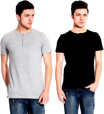 

Lemon & Vodka Solid Men's Henley Black, Grey T-Shirt(Pack of 2)