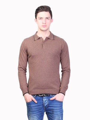 Kalt Solid Men Polo Neck Brown T-Shirt, Brown melange