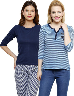 

LimeBerry Striped Women's V-neck Light Blue, Dark Blue T-Shirt(Pack of 2), Dark blue;light blue
